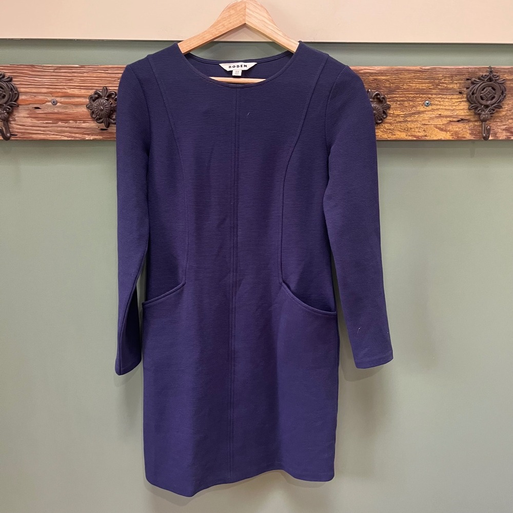 Boden Navy Blue Ottoman Ribbed Long Sleeve Shift Dress with Pockets US 4R
